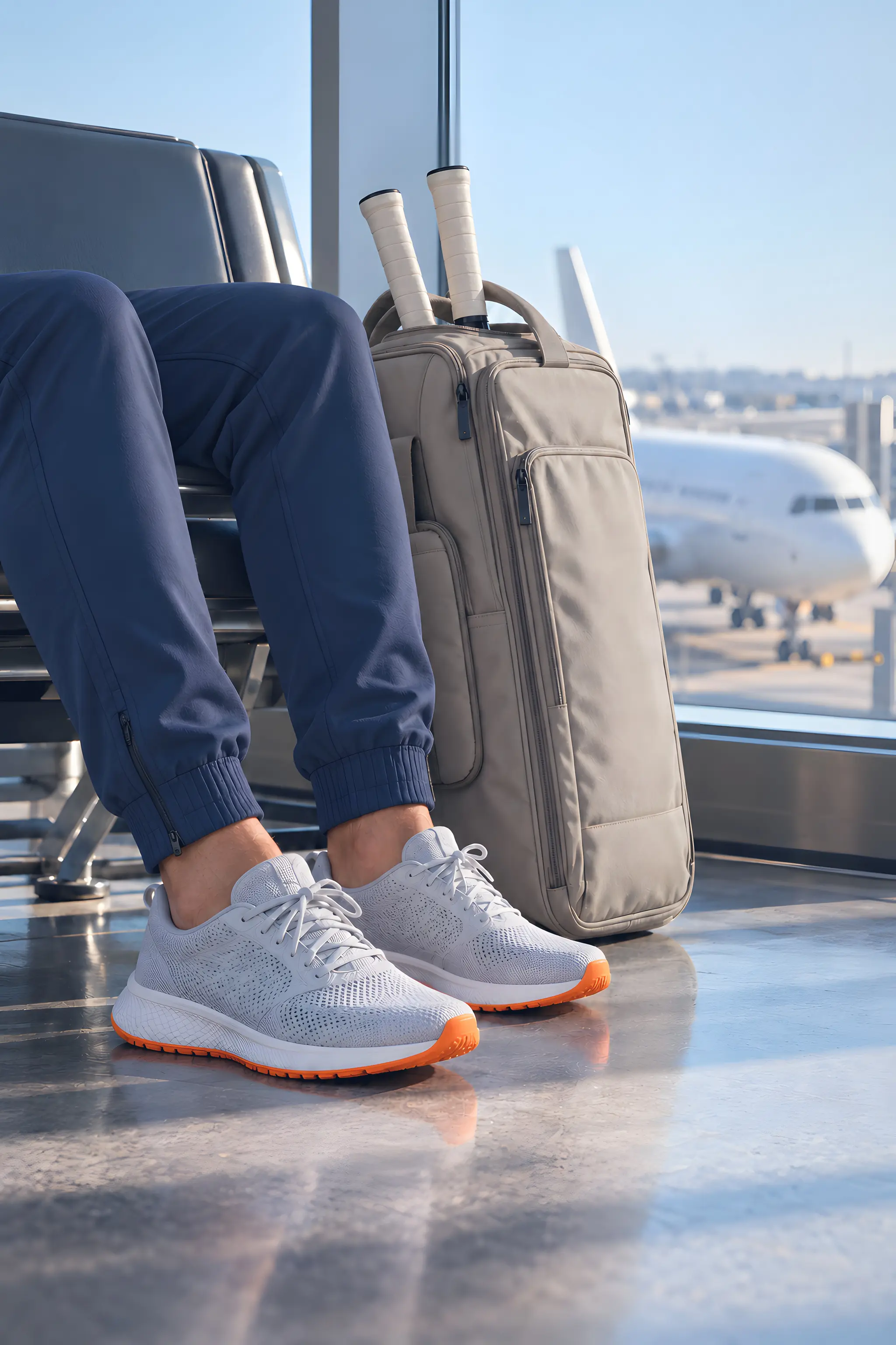 Trainers and a kit bag at an airport gate in the morning