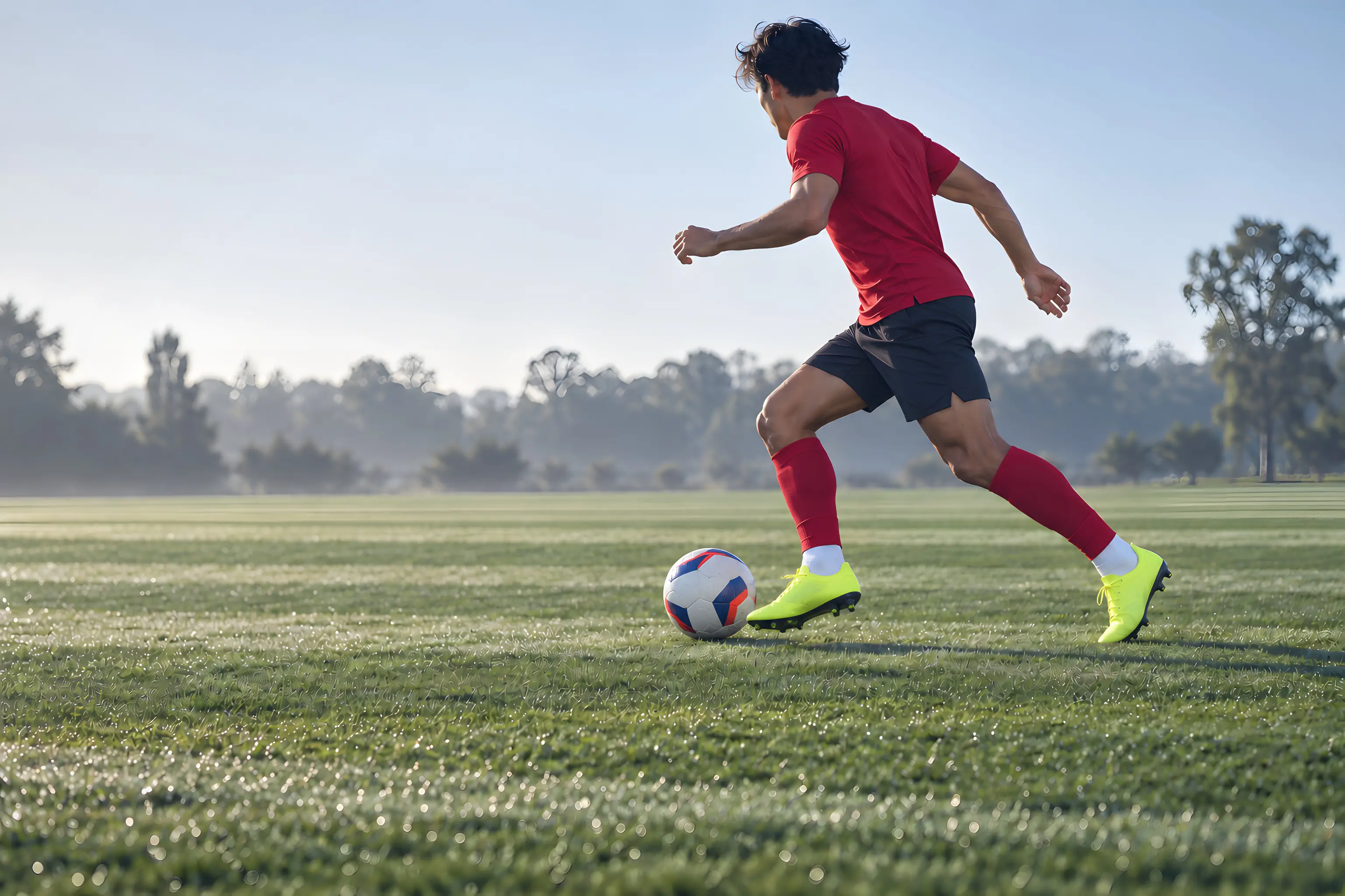 A footballer alone on a misty pitch taking a first touch
