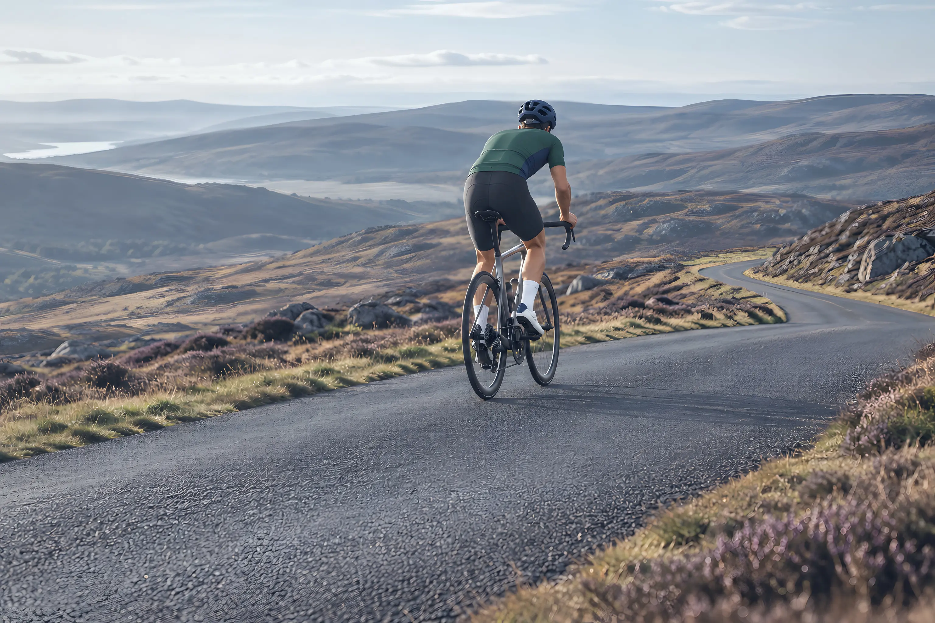 A cyclist climbing a mountain road in early light