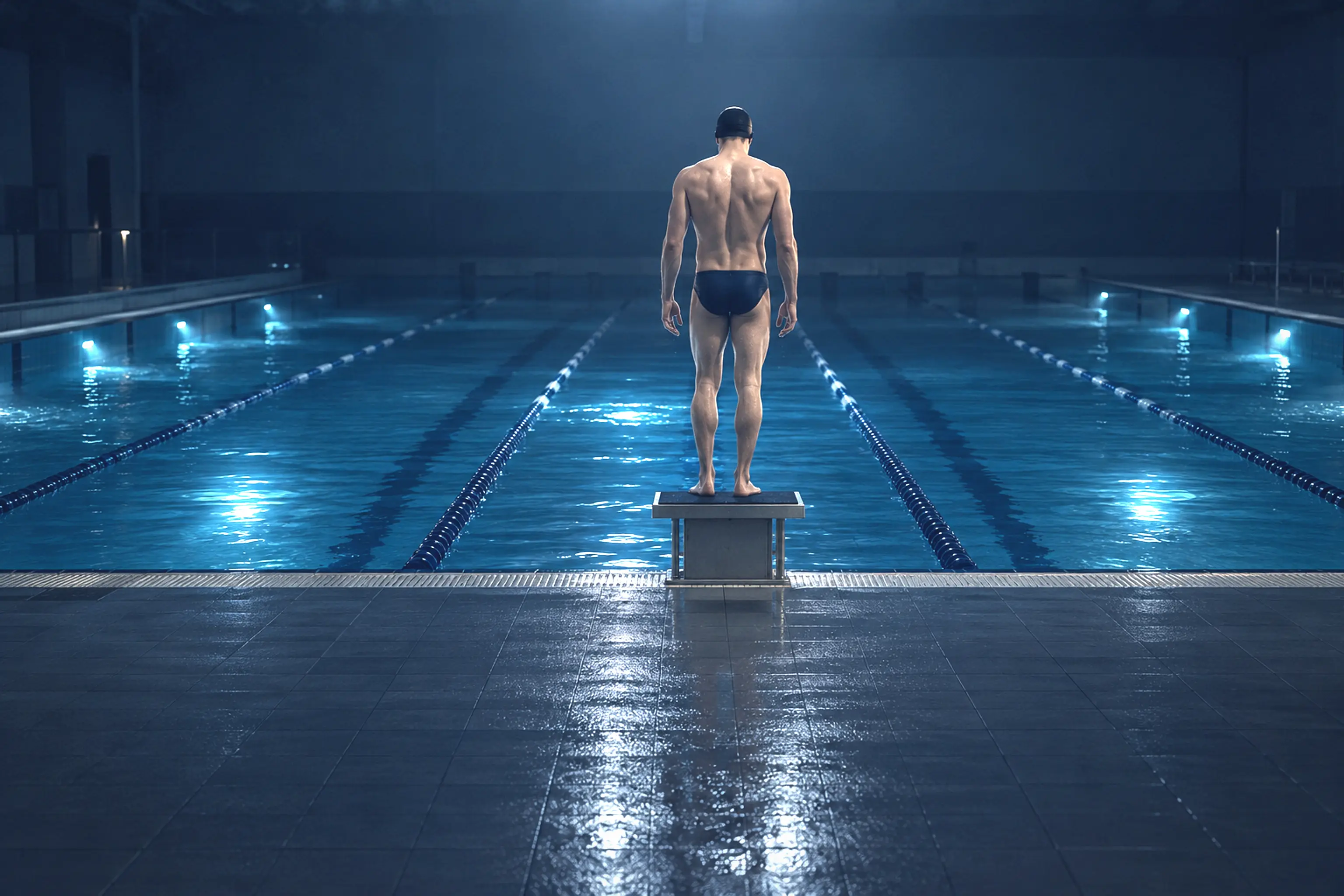 A swimmer standing on the starting block of an empty pool at night