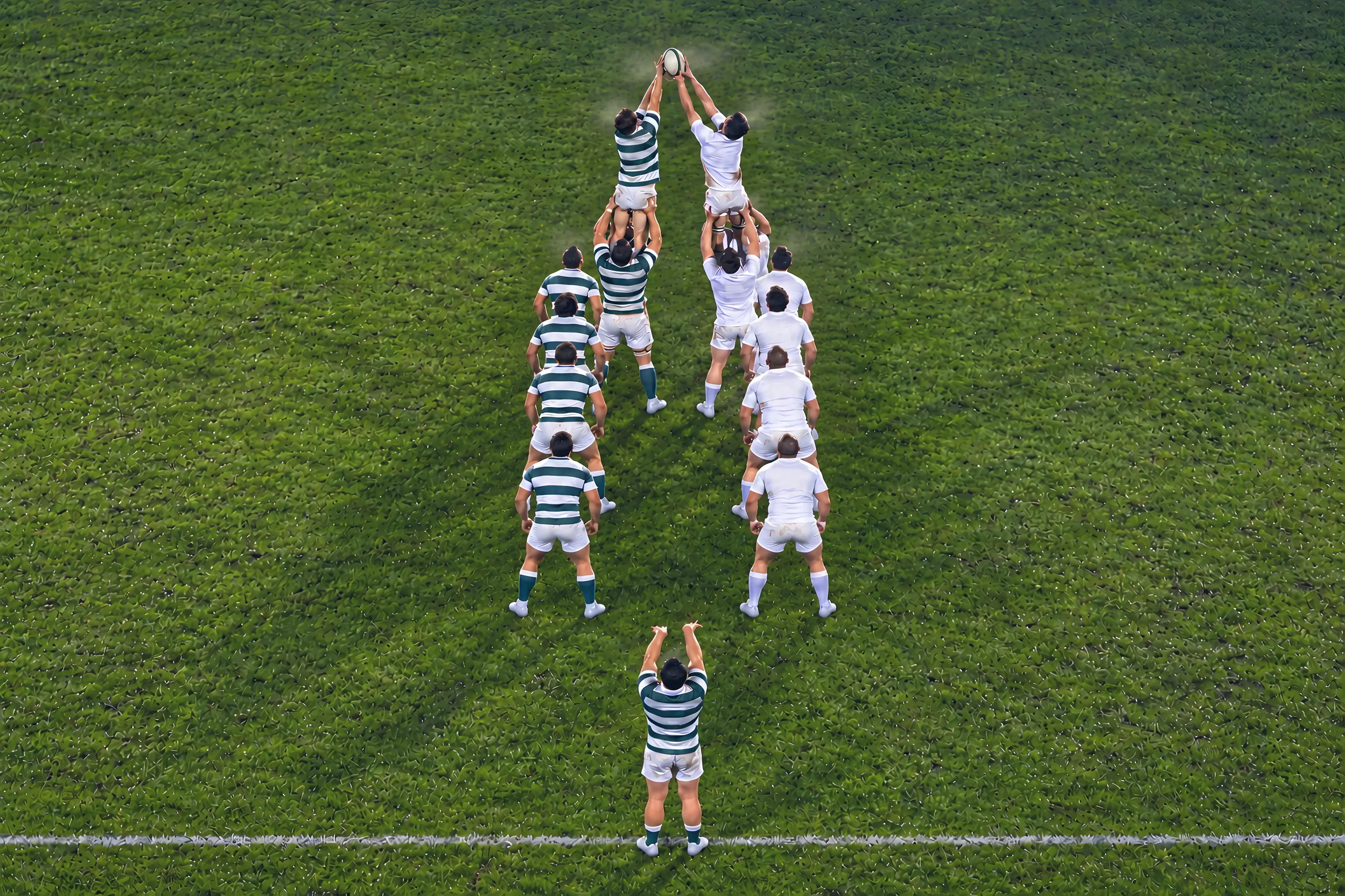 A rugby lineout seen from above