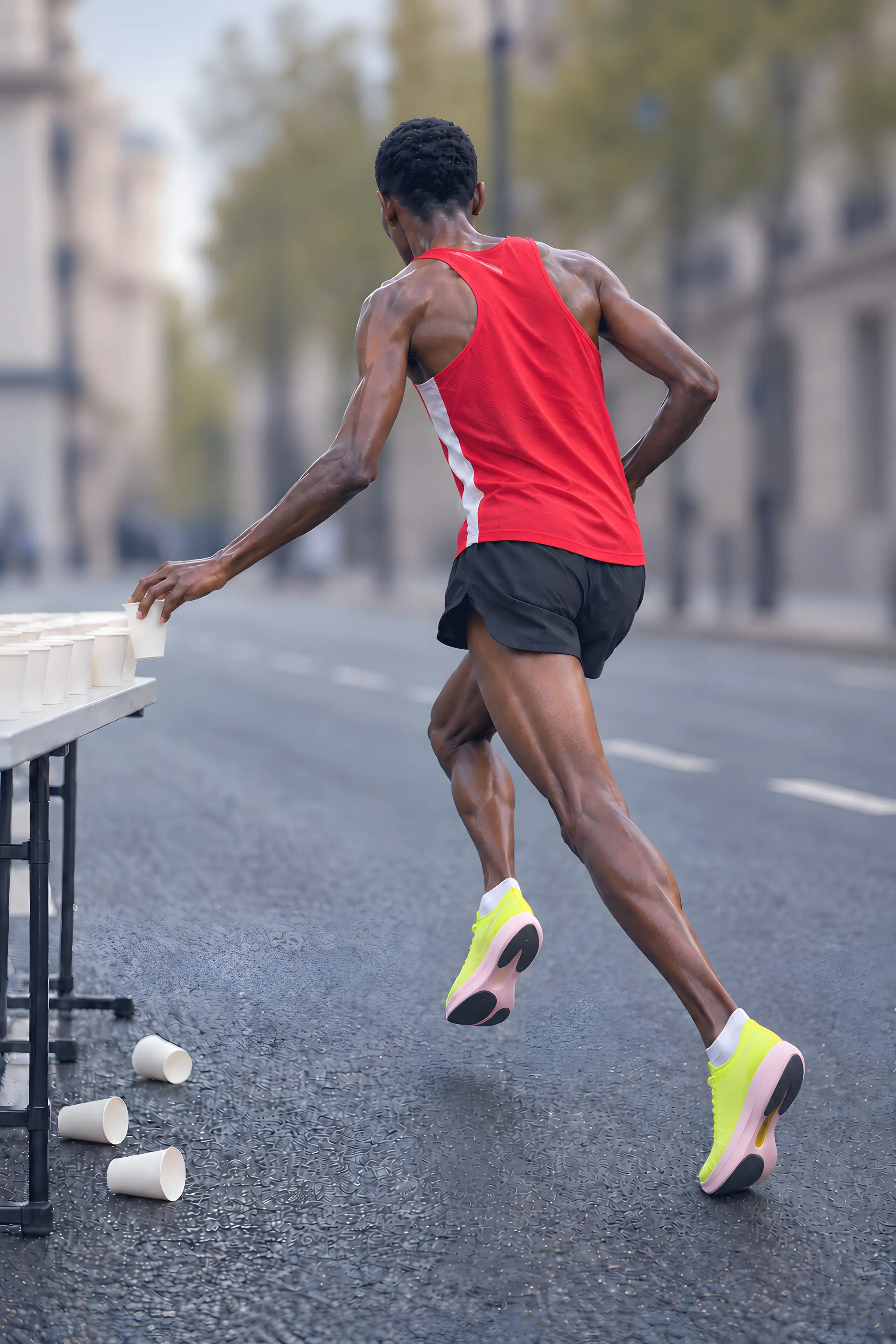 A runner passing a drinks table on a city street at dawn