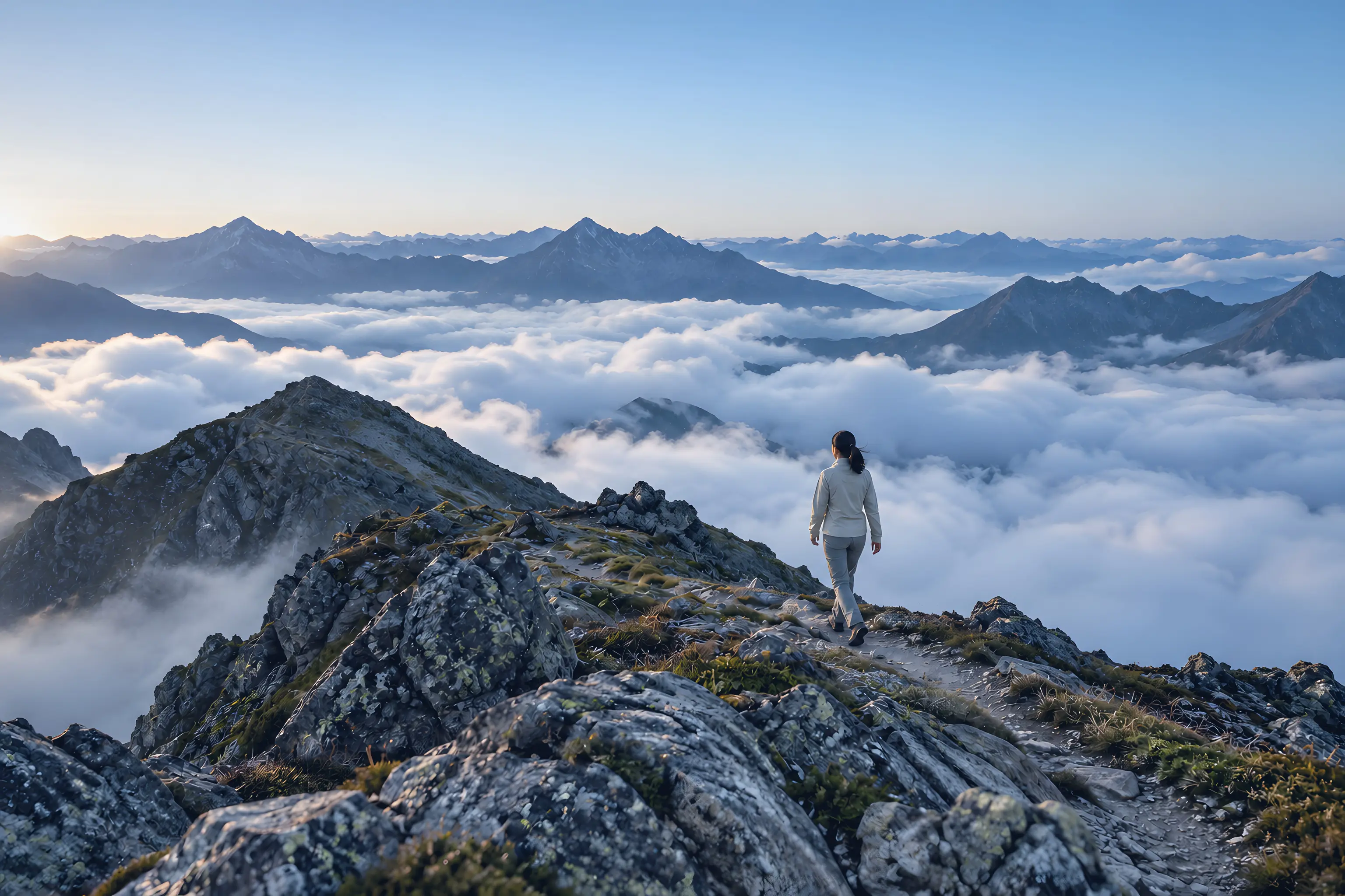 A runner on a mountain ridge above the clouds at dawn