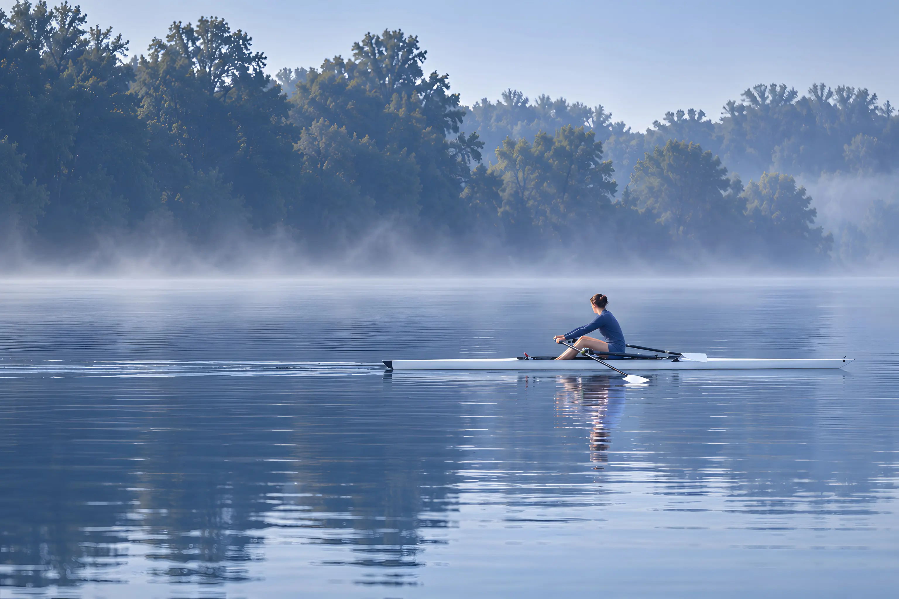 A rower on still water in early morning mist
