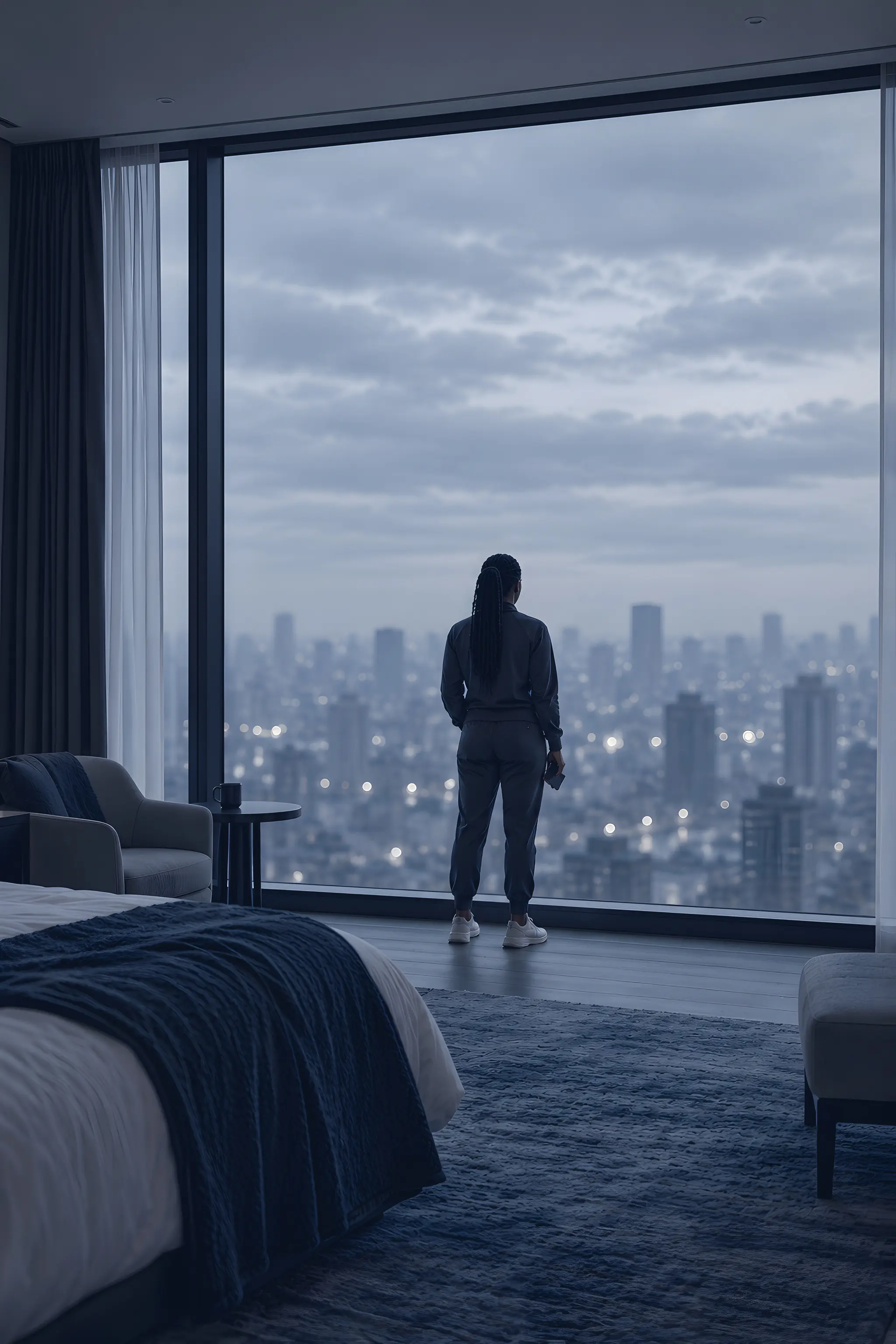 An athlete standing at a hotel window at dawn