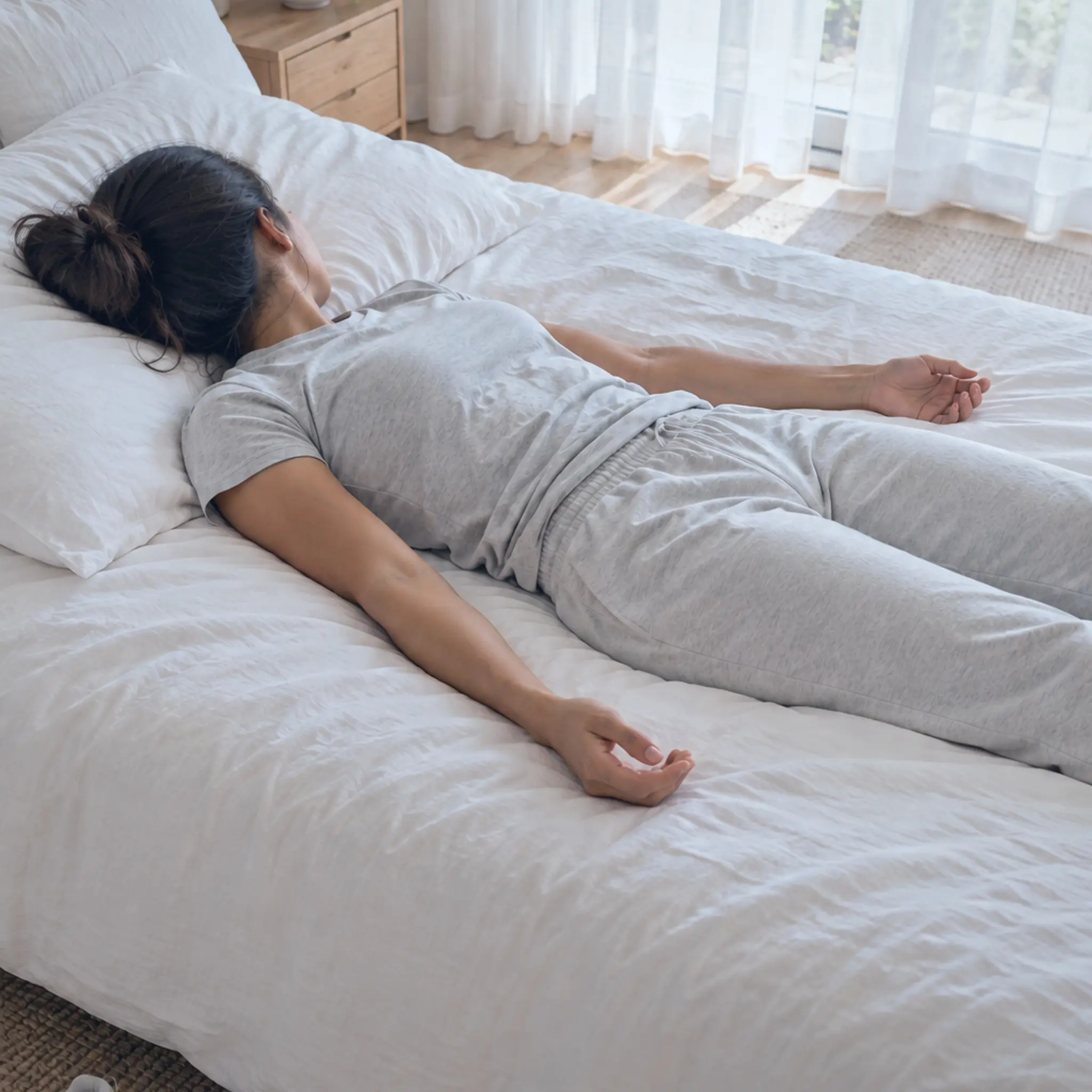 An athlete lying down with eyes closed in a quiet room