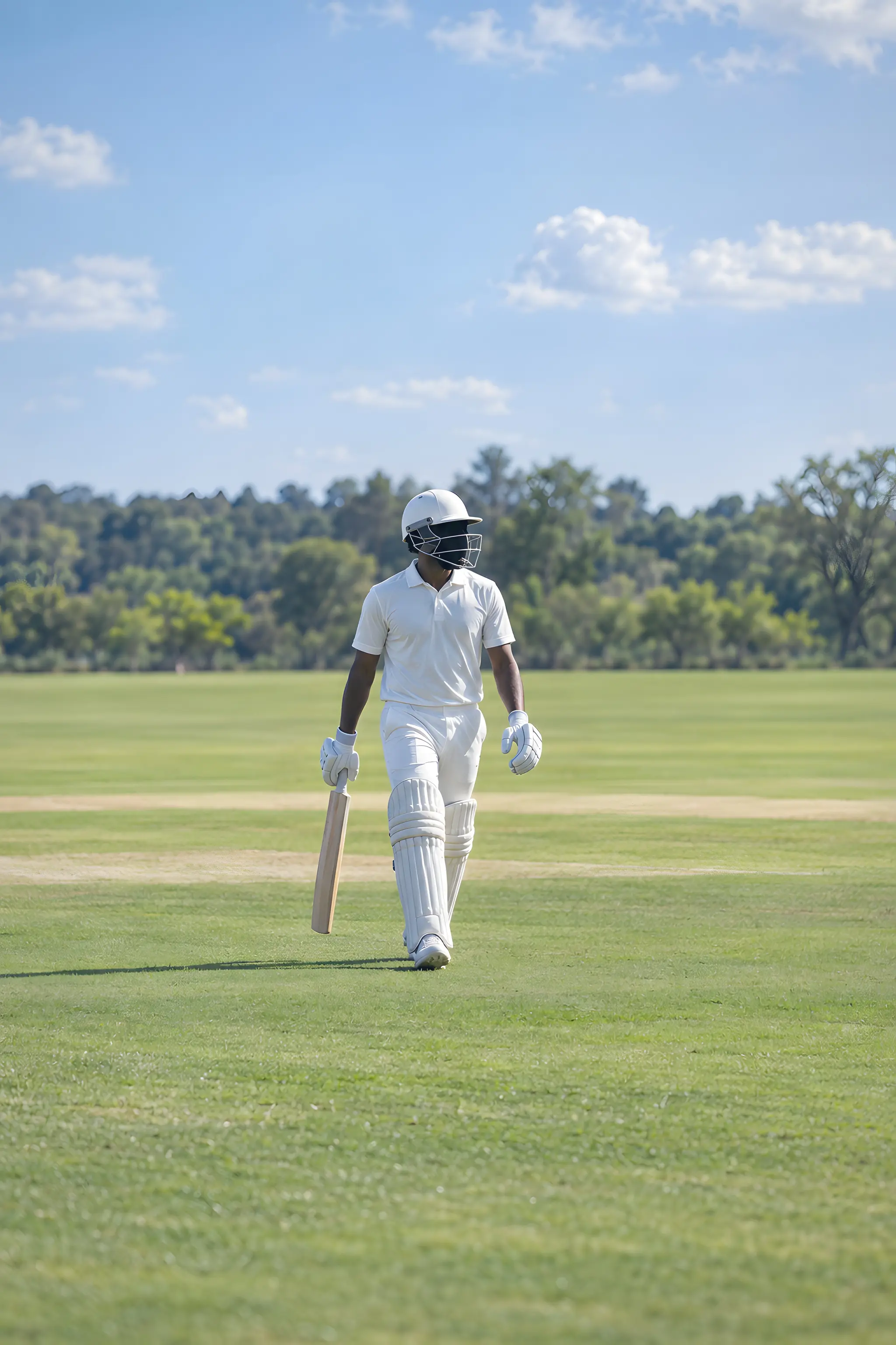 A cricketer walking out to bat