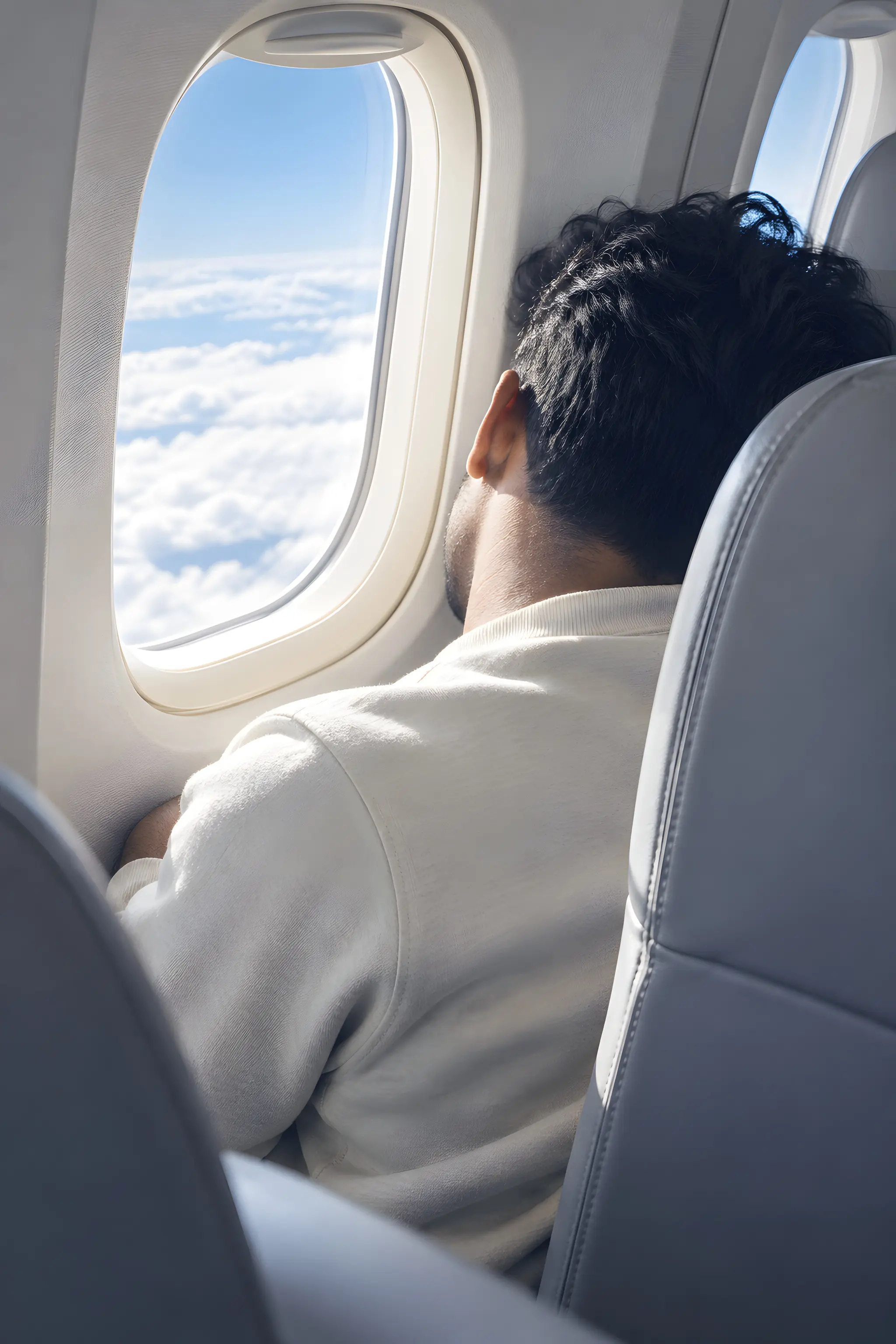 An athlete at ease in a window seat on a morning flight